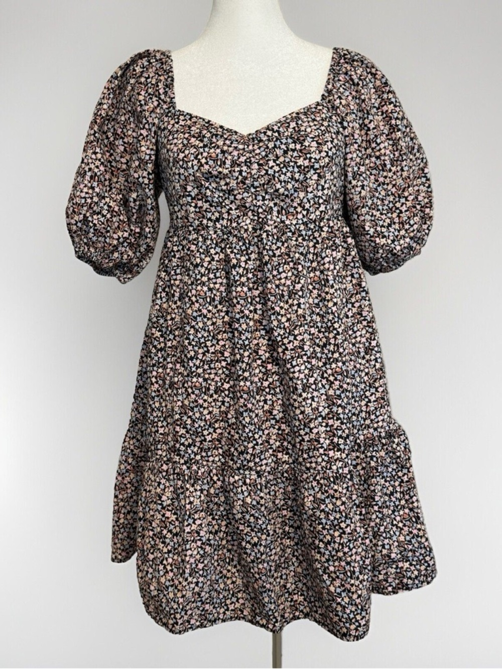 Billabong Be Mine Floral Puff-Sleeve Mini Dress - Black Multi Size Large